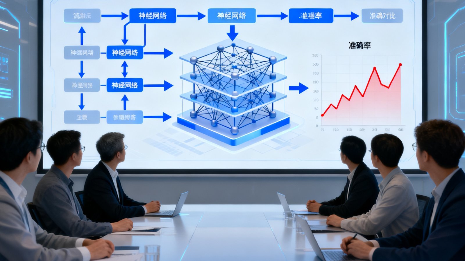 开云体育AI预测模型升级界面：技术团队正在会议室演示新版预测算法的数据流图，屏幕上显示着复杂的神经网络架构和准确率对比曲线。